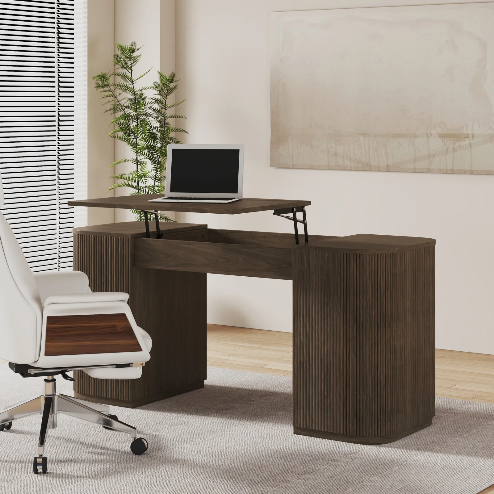 Velign 152 cm Walnut Standing Computer Desk with 2-Door Storage Cabinet