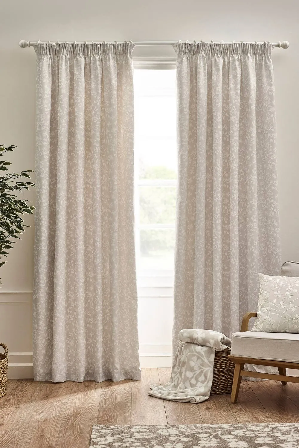 Catherine Lansfield 'Brooke Floral' Lined Pencil Pleat Curtains in Natural 1