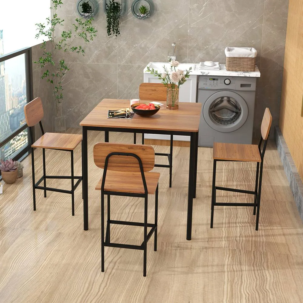 Costway 5PCS Industrial Dining Table Set Kitchen Counter Height Table 4 Stools in Brown 6