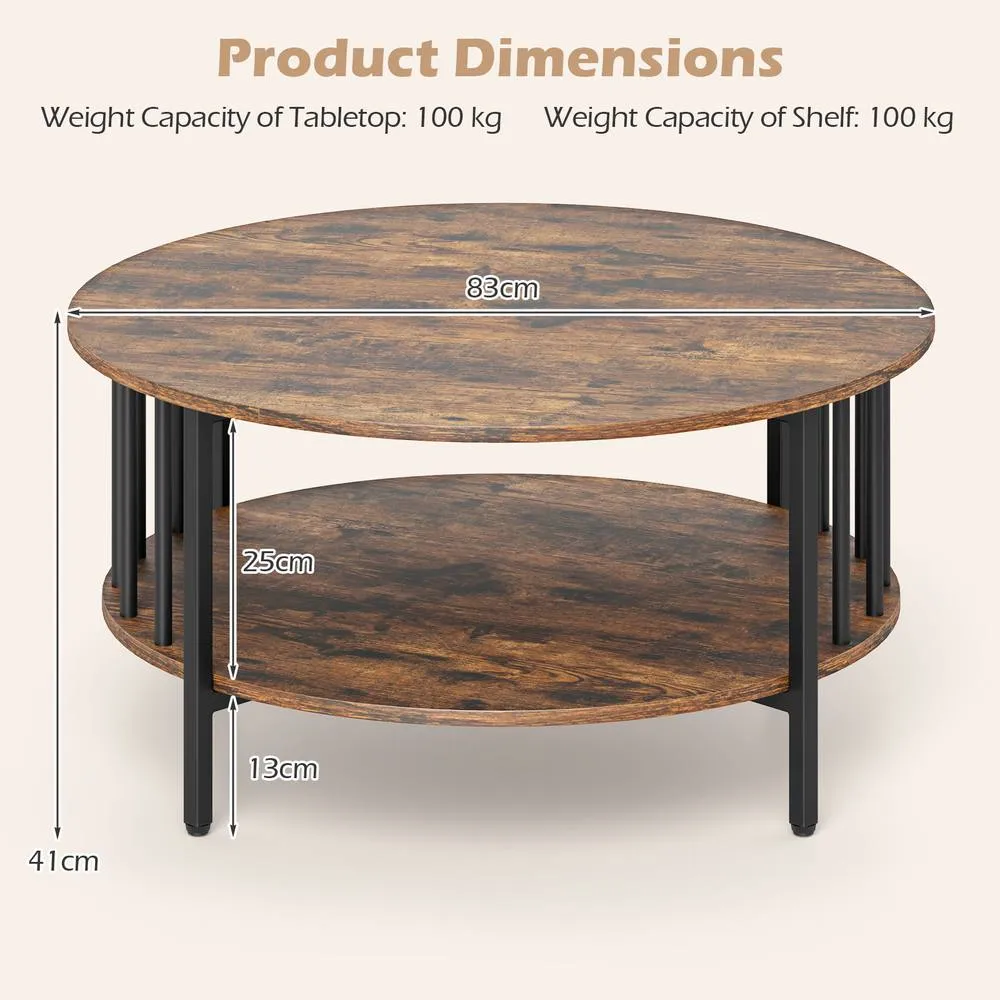Costway Round Coffee Table 2-Tier Table w/ Open Shelf Cocktail Table in Brown 2
