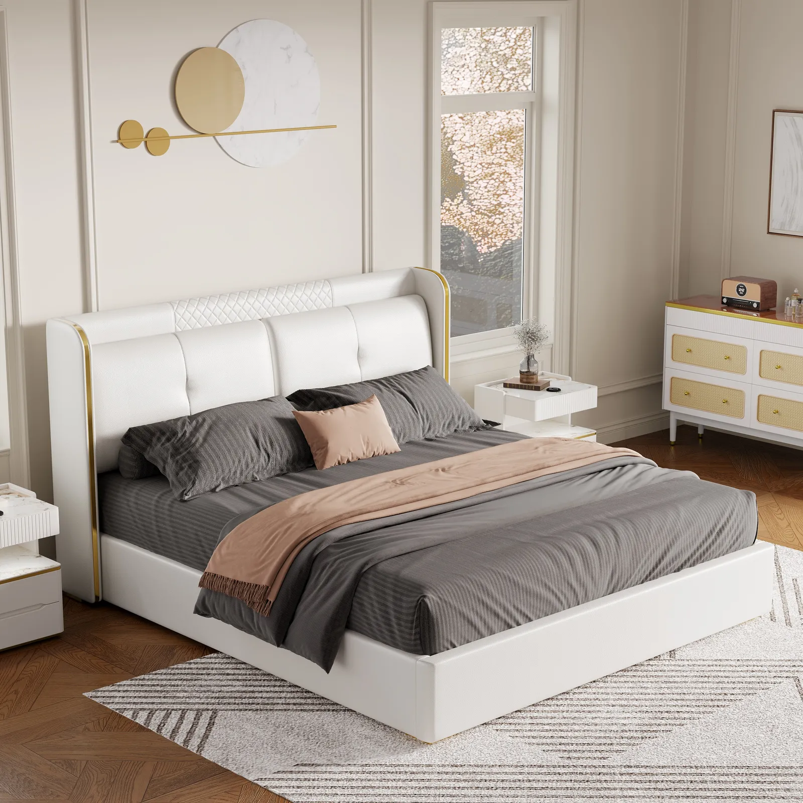 Queen Upholstered Platform Bed with Faux Leather Wingback Headboard in Off-White