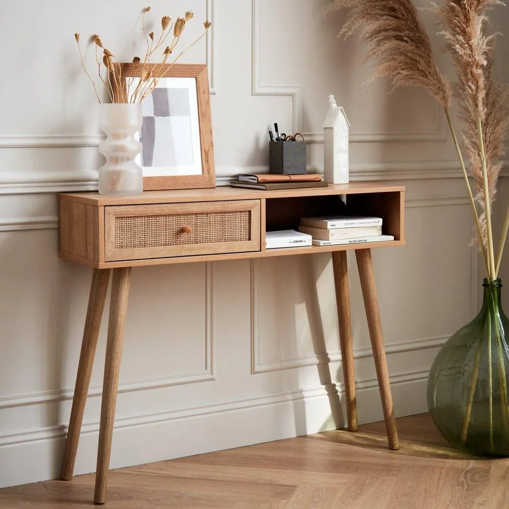 sweeek 100cm Wood & Cane Decor Console Table in Light Brown 1