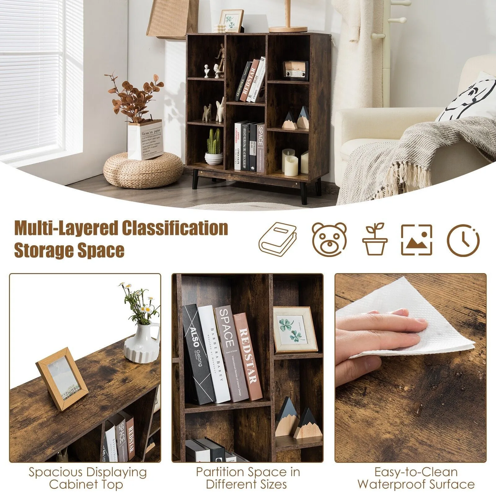 Costway 8Cube Storage Bookcase Wooden Bookshelf Side Cabinet Freestanding Display Rack in Brown 4