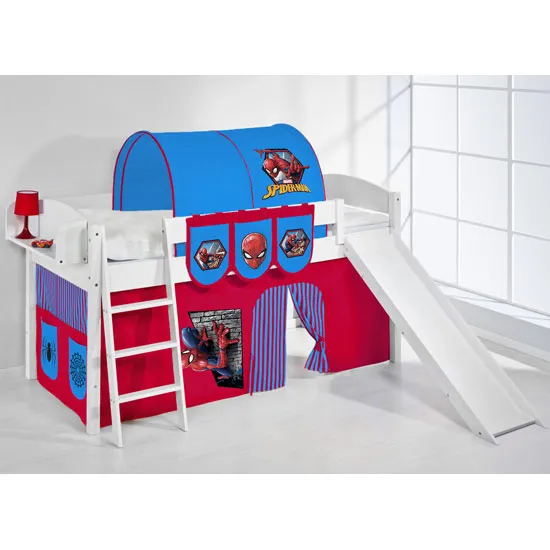 Lilla Slide Children Bed In White With Spiderman Curtains