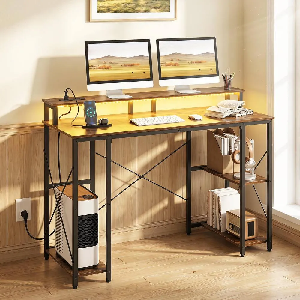 Costway 120cm Desk w/ Charging Station & LED Lights Gaming Table in Brown 3