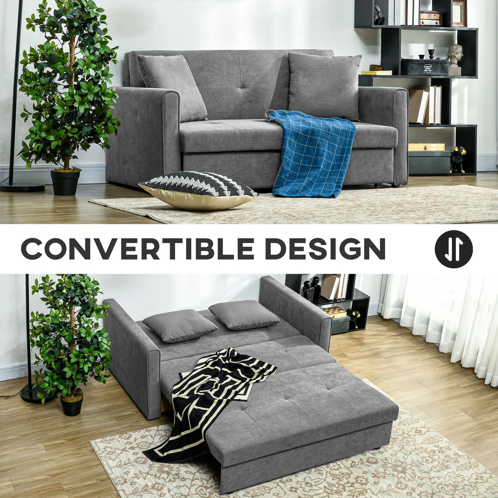 HOMCOM Convertible 2 Seater Sofa Bed with 2 Cushions Storage for Living Room in Grey 4