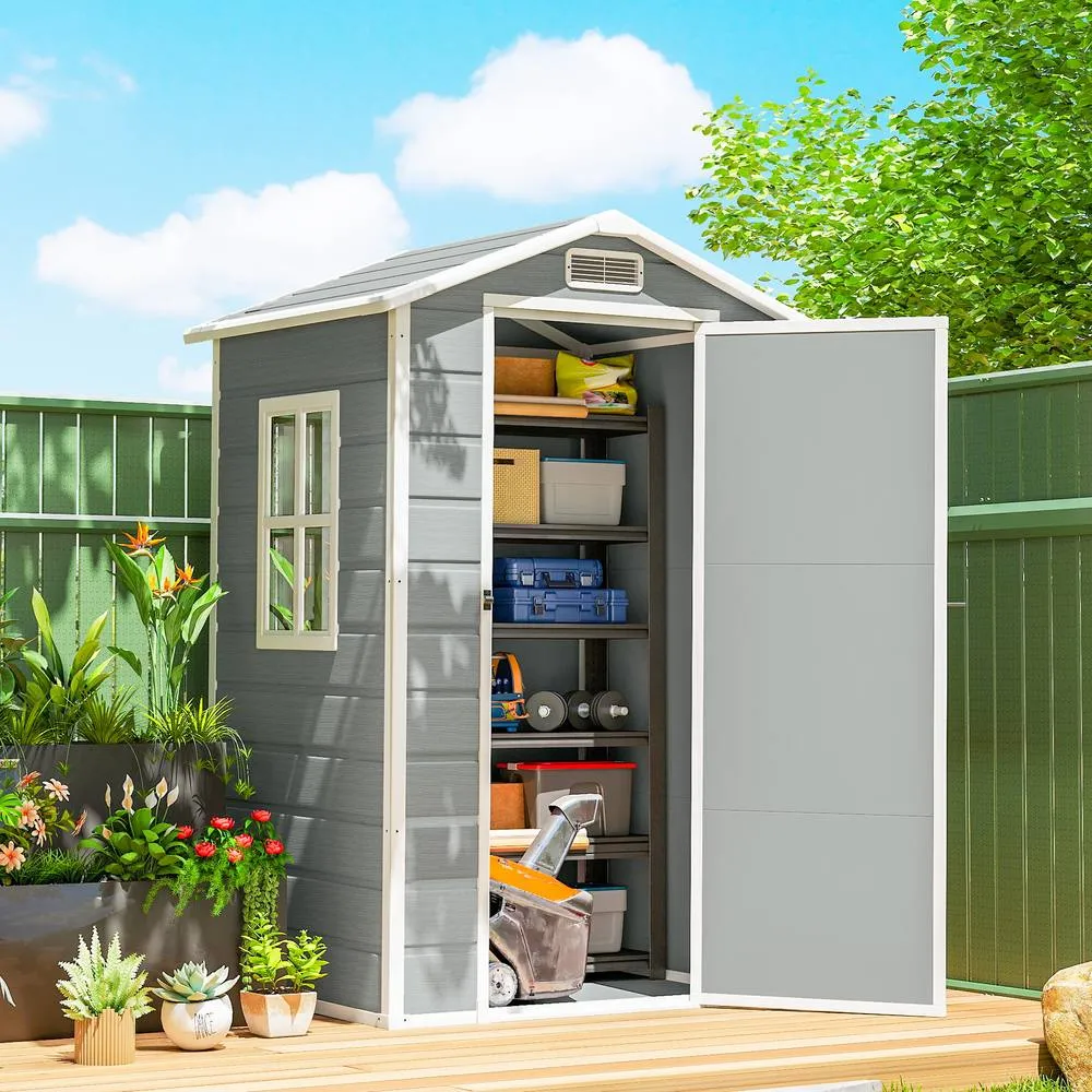 OUTSUNNY 4 x 3 ft Plastic Garden Shed, Storage Shed with Window Vent in Light Grey