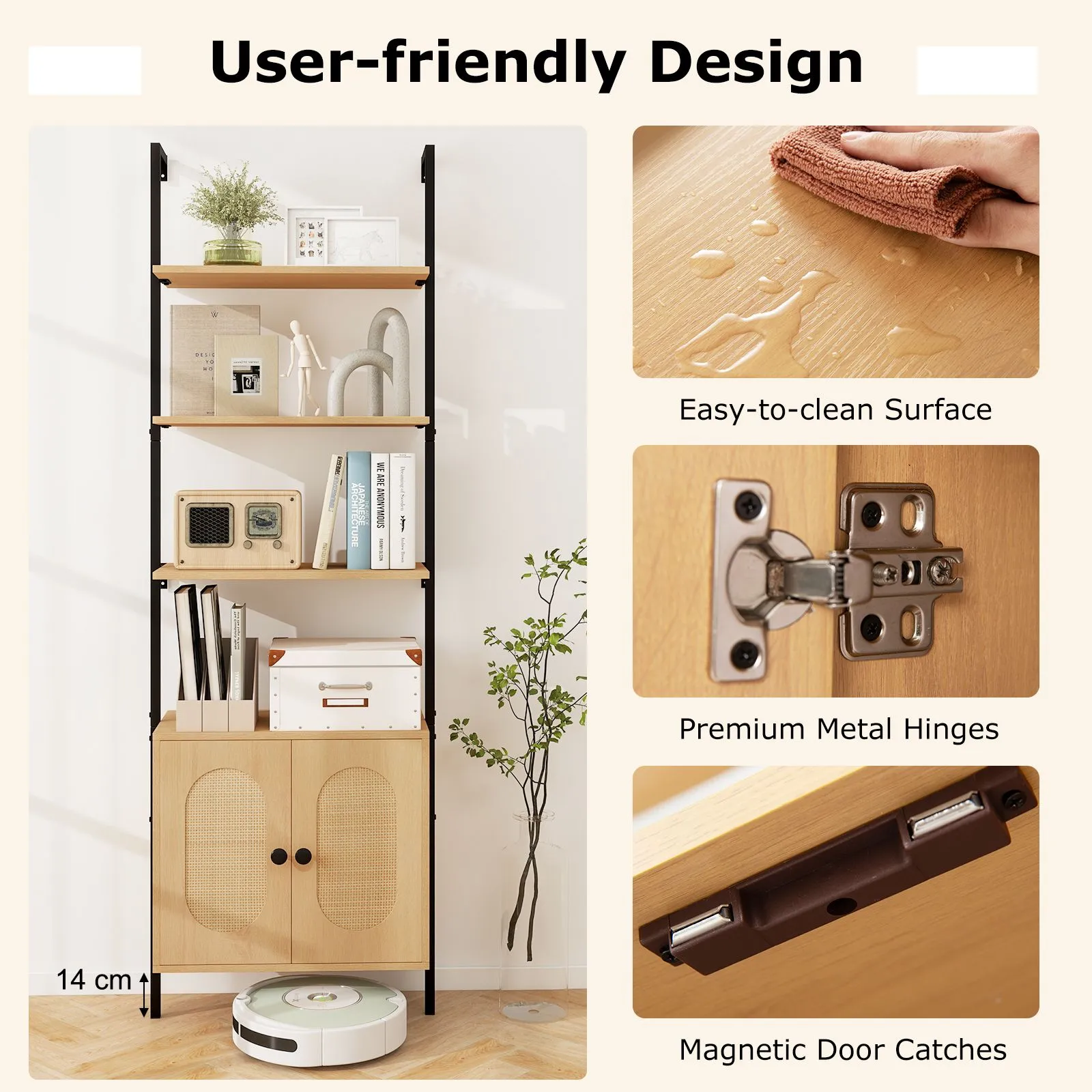 Costway Wall Mount Bookshelf Storage Shelves 6-tier tall display rack w/ Cabinet in Natural 5