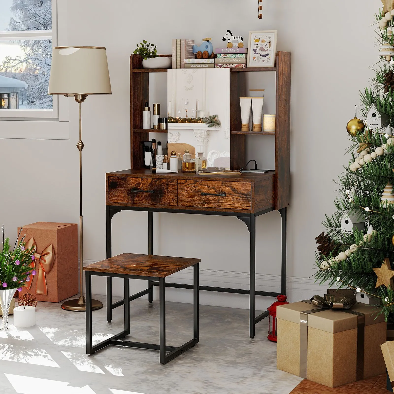 Costway Vanity Desk Wide Makeup Dressing Table with Power Outlets in Brown 3