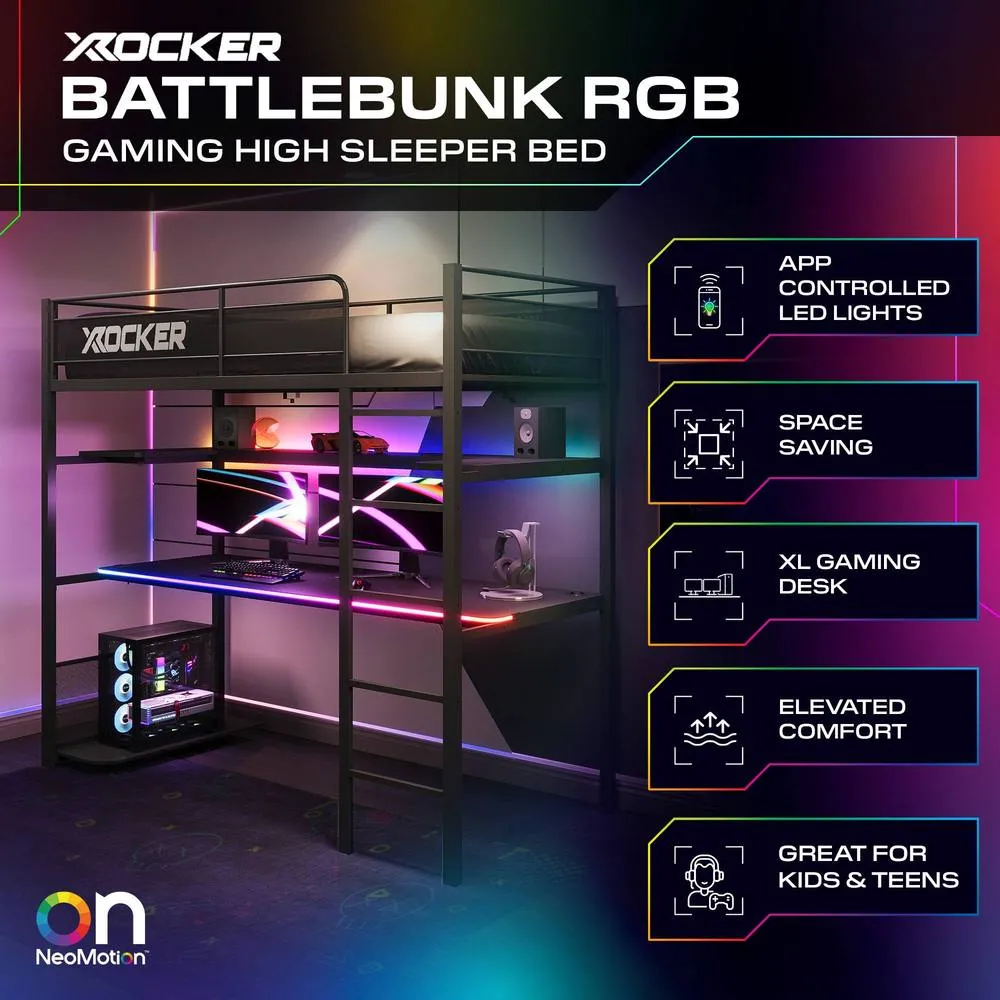 X Rocker Battlebunk RGB LED Single High Sleeper Gaming Bunk Bed with Desk in Black 2