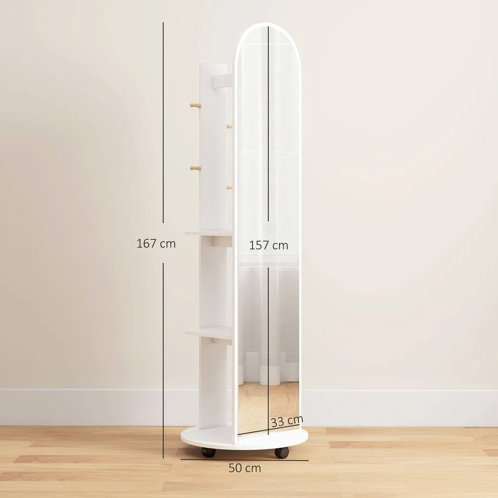 HOMCOM 2-in-1 Full Length Mirror with Shelves, 4 Wheels in White 3