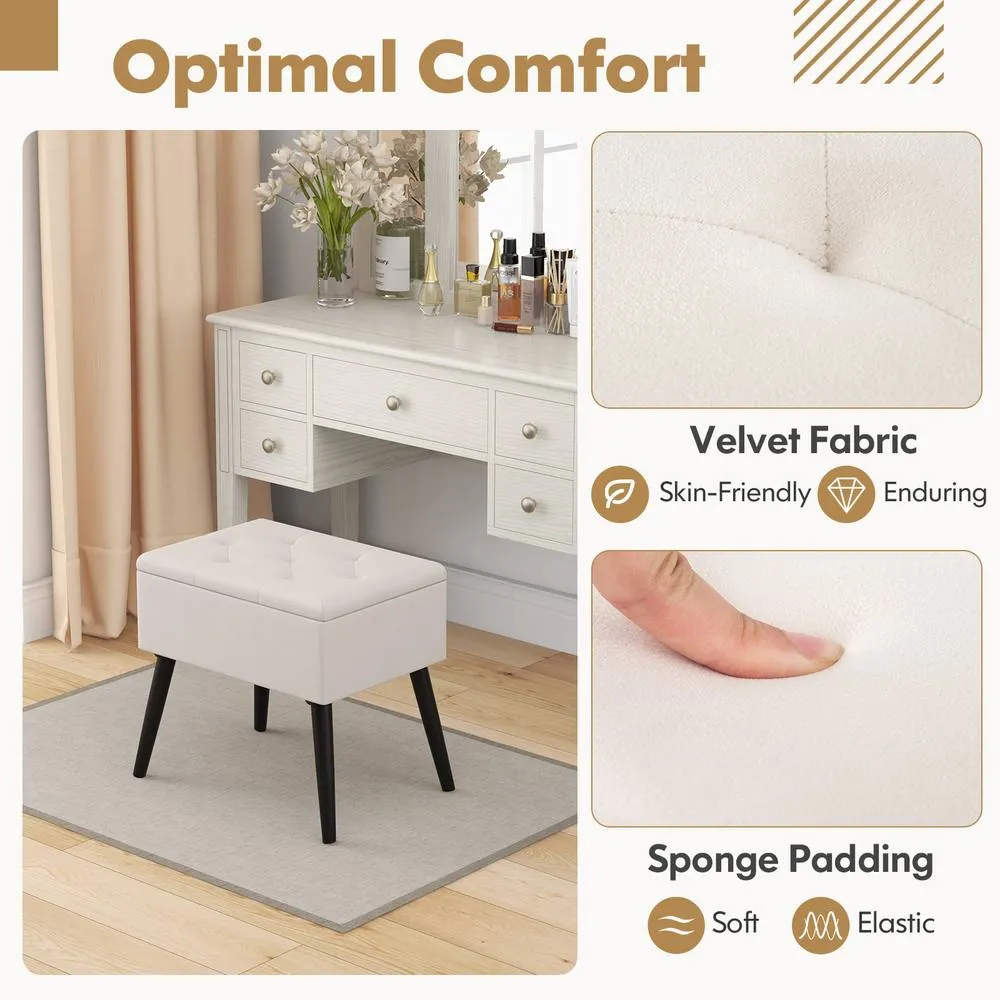 Costway Velvet Storage Ottoman Flip Top Stool w/ Solid Wood Legs in Beige 6