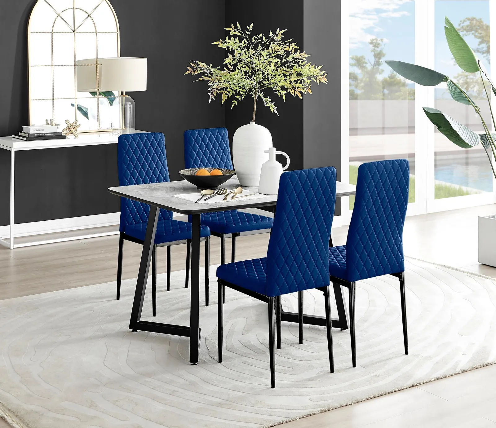 FurnitureboxUK Carson White Marble Effect Dining Table & 4 Velvet Milan Black Leg Chairs in Navy 1