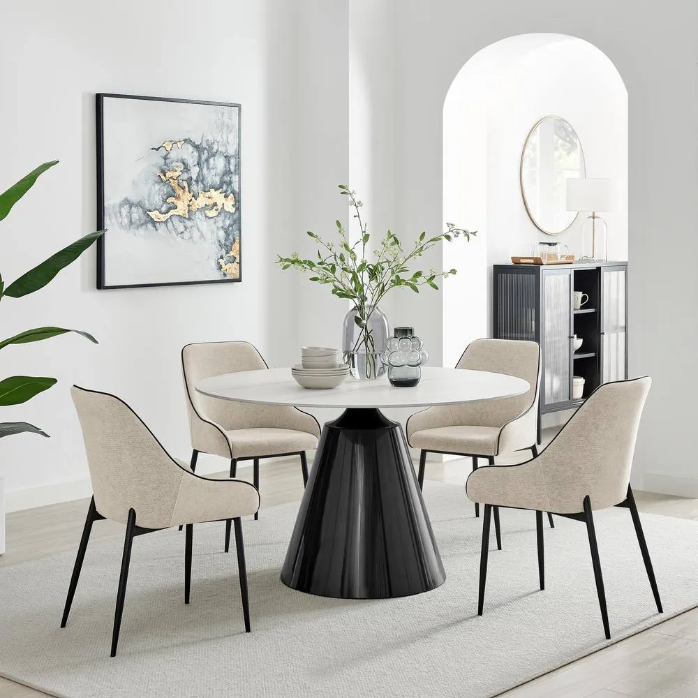 FurnitureboxUK Nina Marble-Effect Dining Set with Cream Fabric Chairs