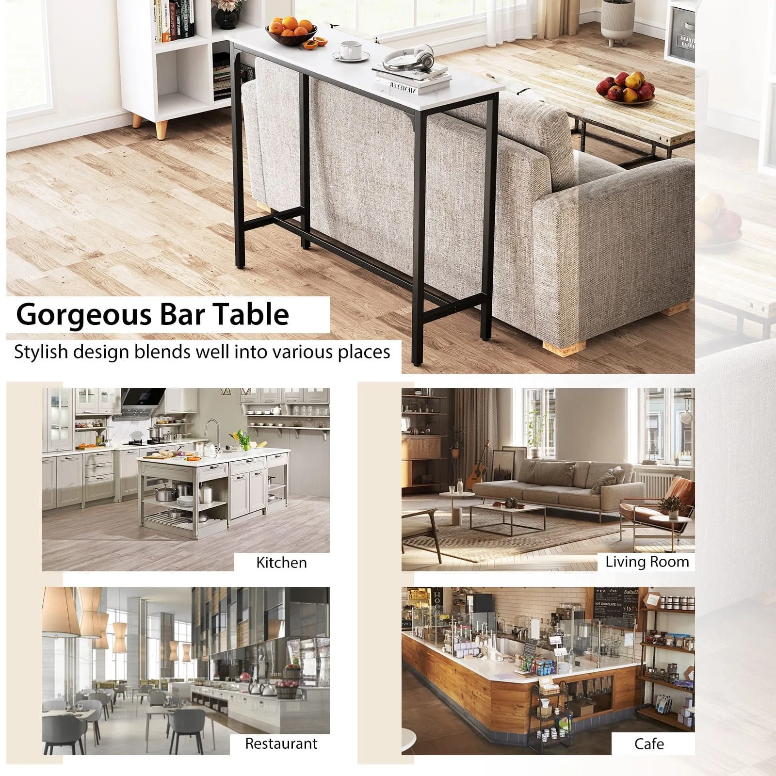 Costway 120cm Bar Table Counter Height Table with Footrest in White 4