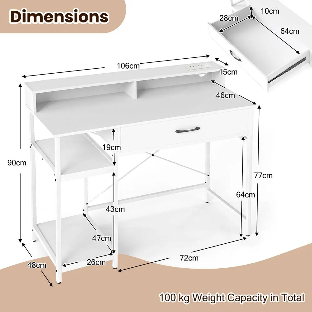 Costway Wooden Computer Desk Office Writing Desk Workstation w/ Power Outlets in White 2