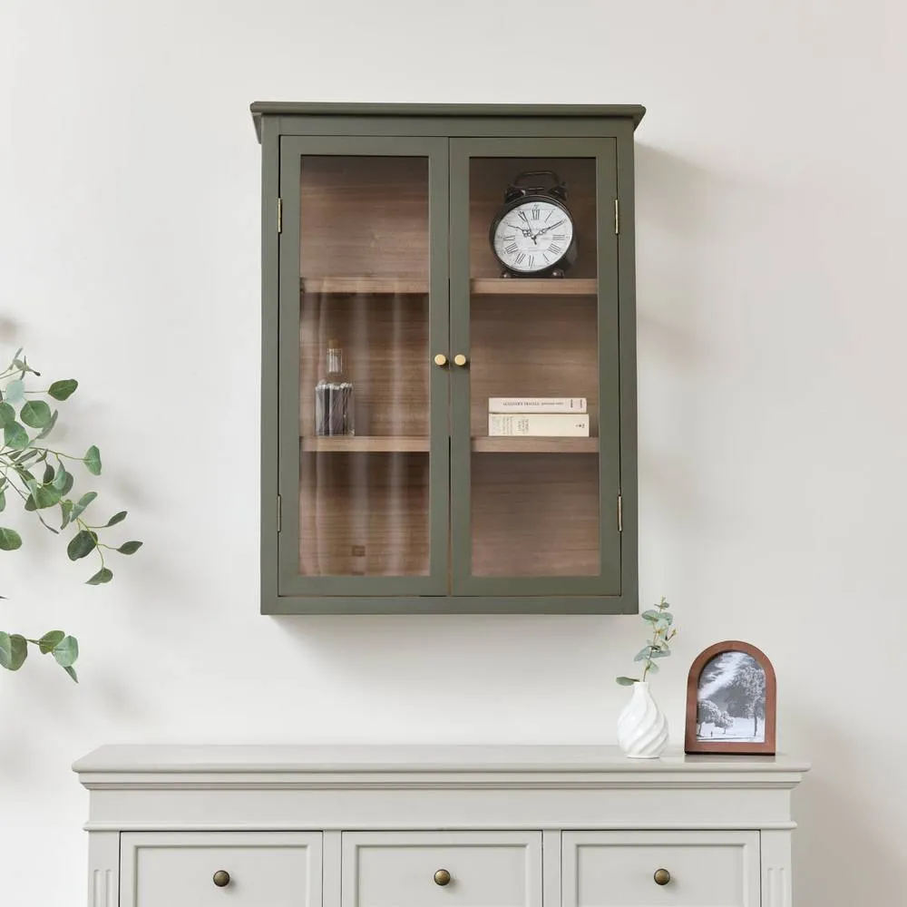 Melody Maison Khaki Green & Wood Wall Cabinet With Clear Glass Front 70cm X 90cm