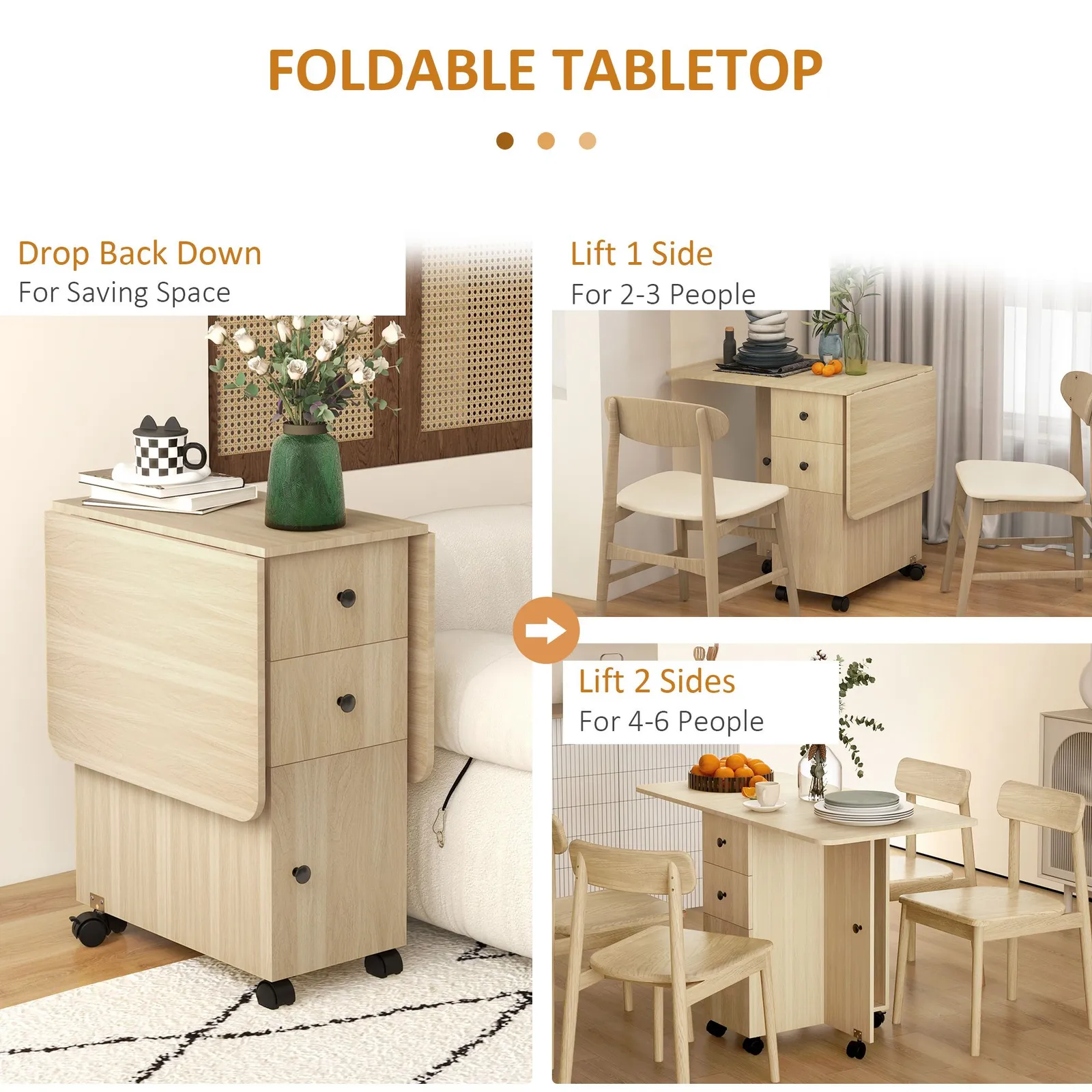 HOMCOM Folding Dining Table for 4-6 Drop Leaf Table on Wheels Natural Wood 6