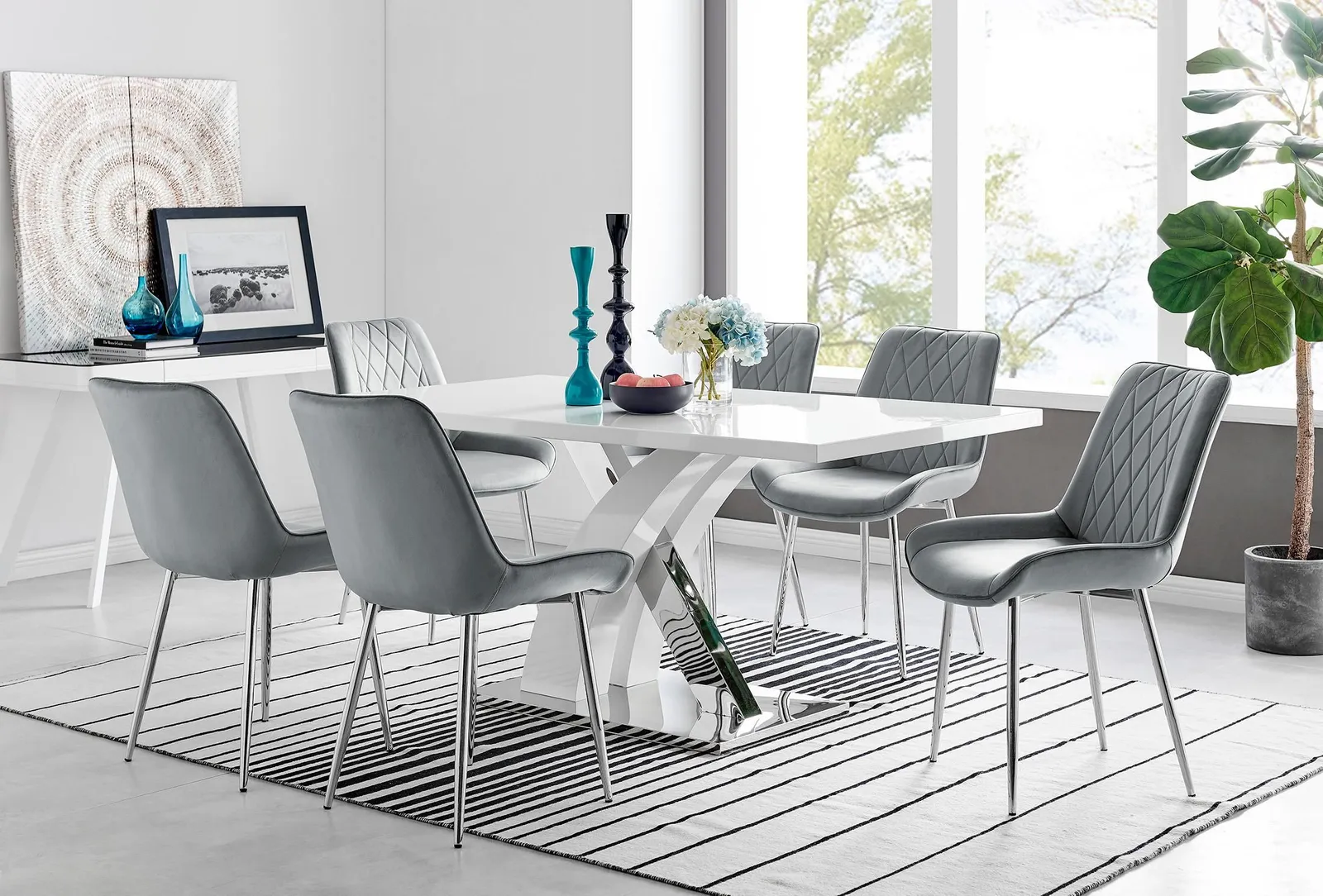 FurnitureboxUK Atlanta 6 White Dining Table & 6 Pesaro Silver Leg Chairs in Grey 1