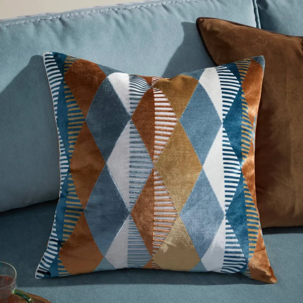 Furn Metro Harlequin Velvet Square Cushion in Orange