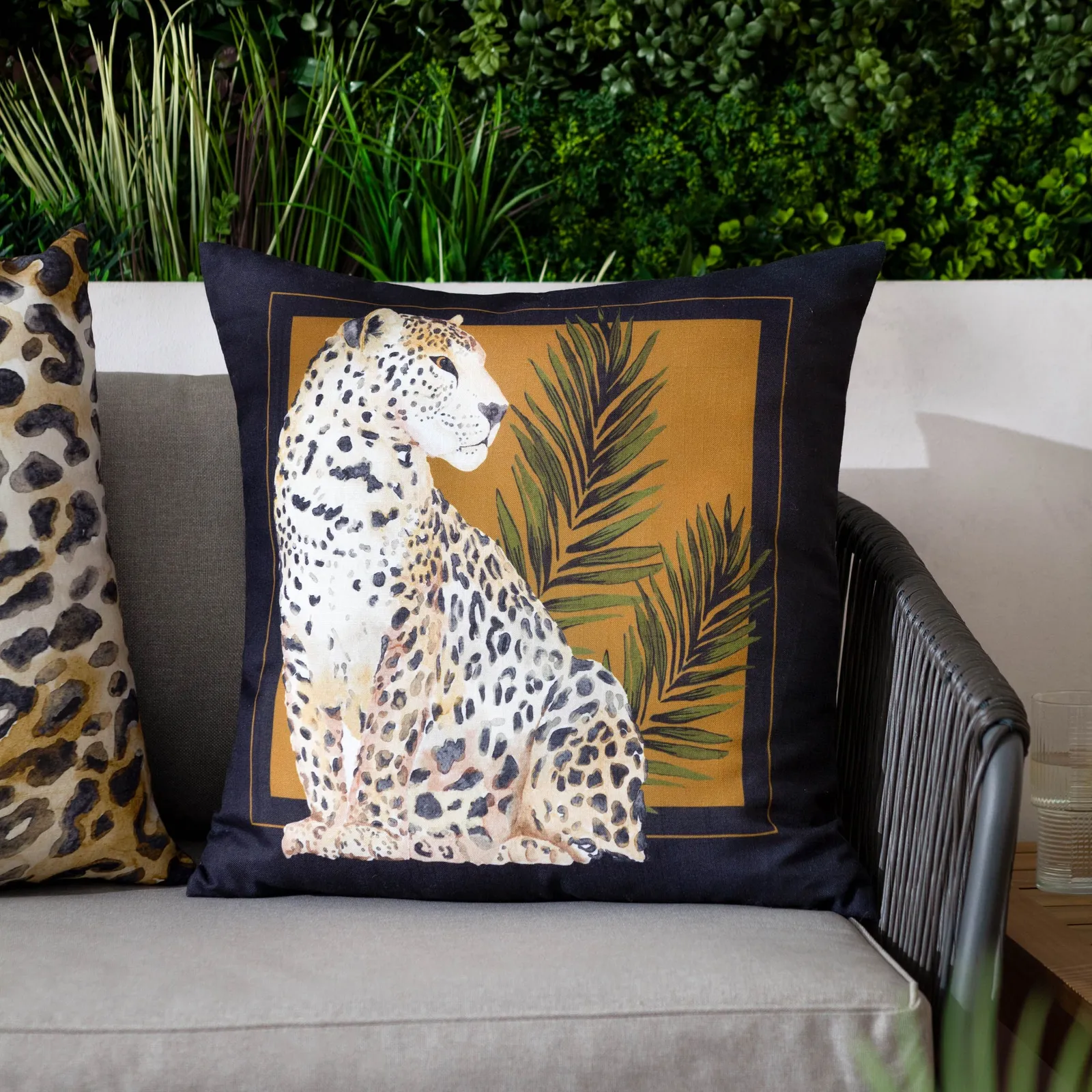 Paoletti Leopardis Cat Printed Outdoor Cushion in Gold
