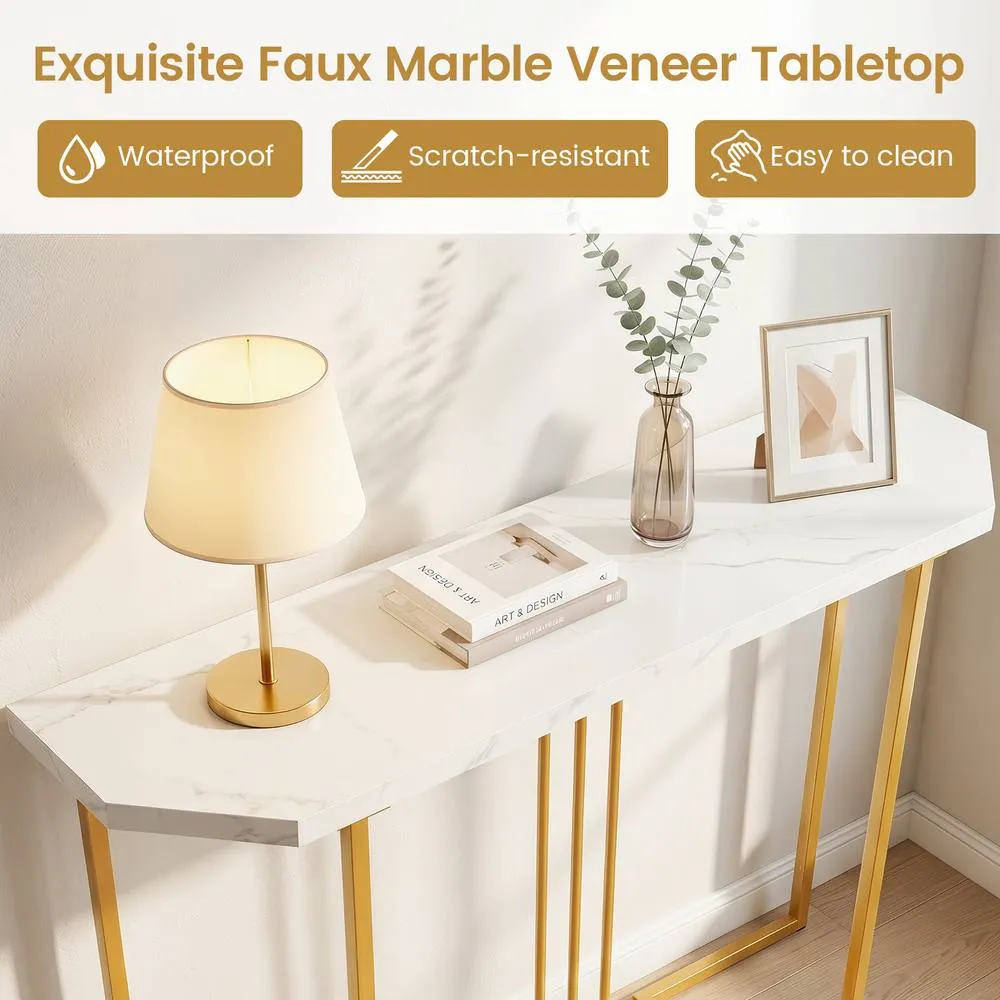 Costway Modern Console Table 110 CM Narrow Entryway Table with Faux Marble Top in White 5