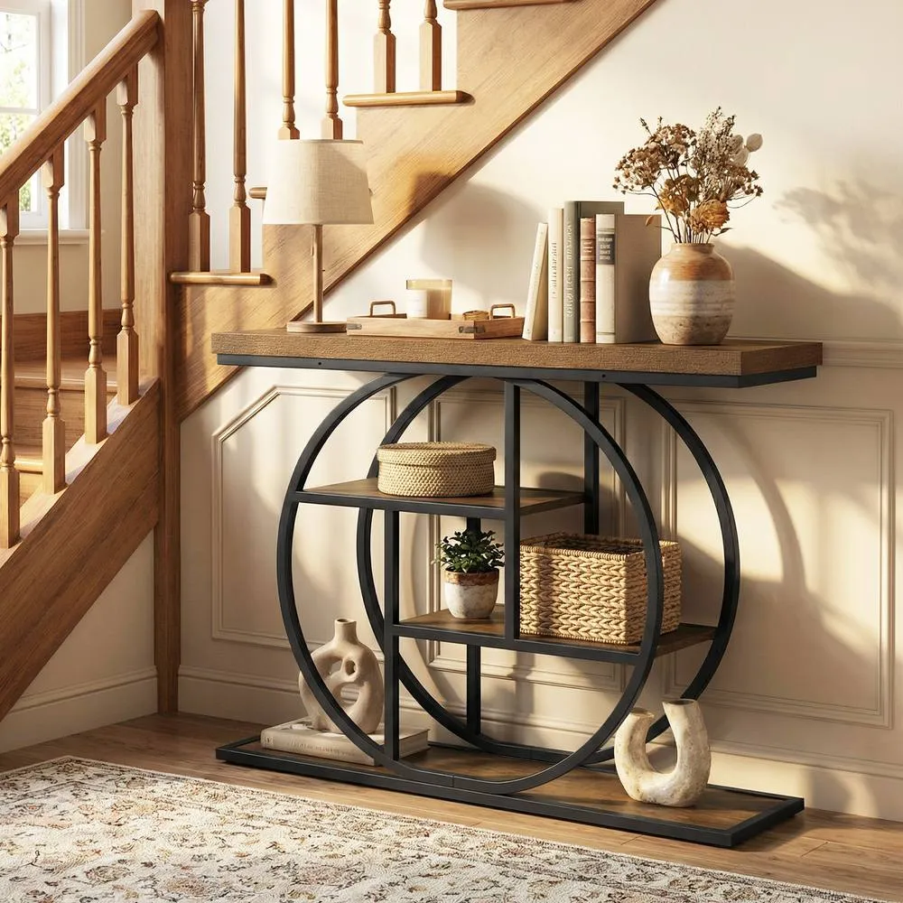 Costway 4-Tier Console Table 105CM Entryway Table w/ Storage Shelves in Brown 5