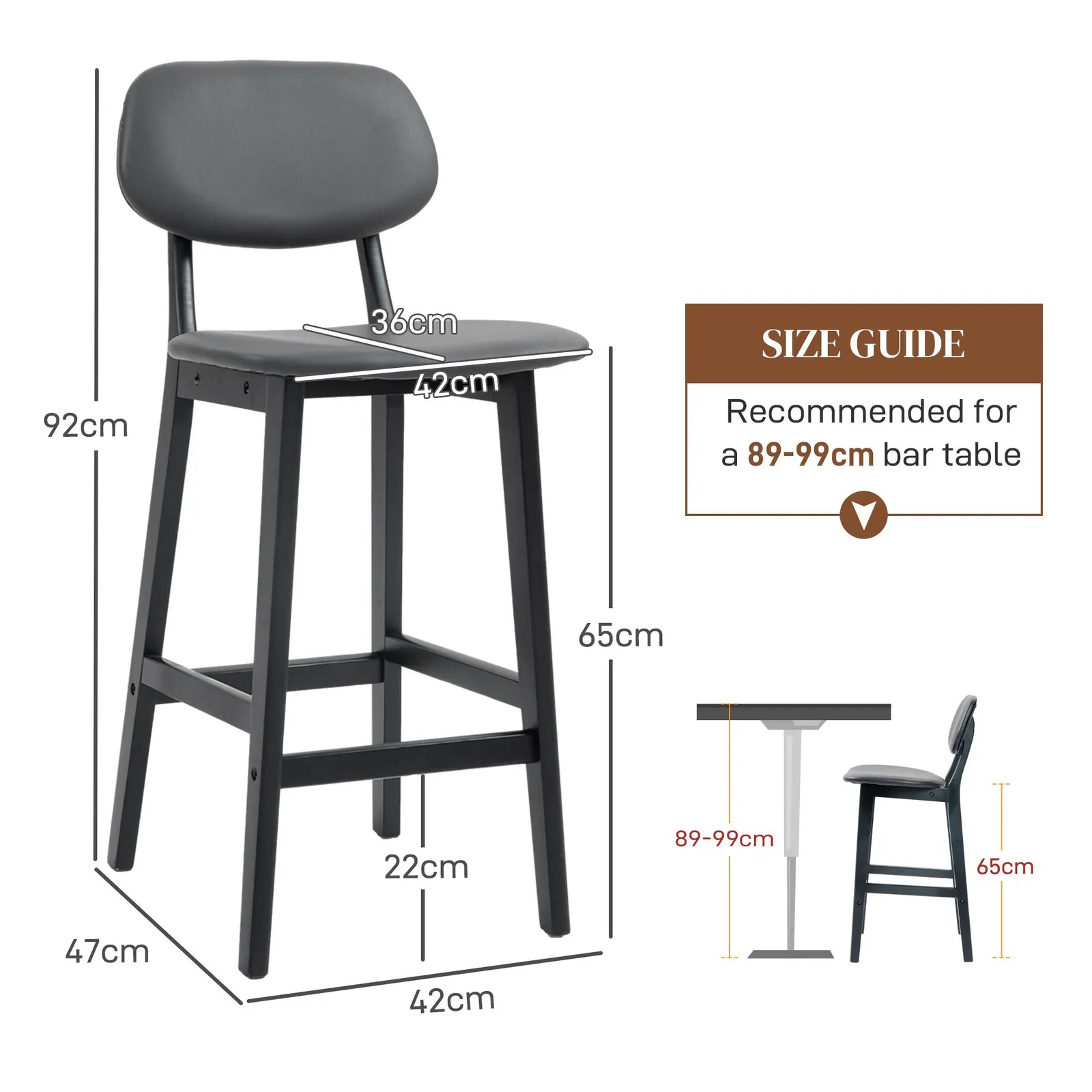 HOMCOM Breakfast Bar stools Set of 2 with PU Leather Cover, Wood Legs in Dark Grey 3