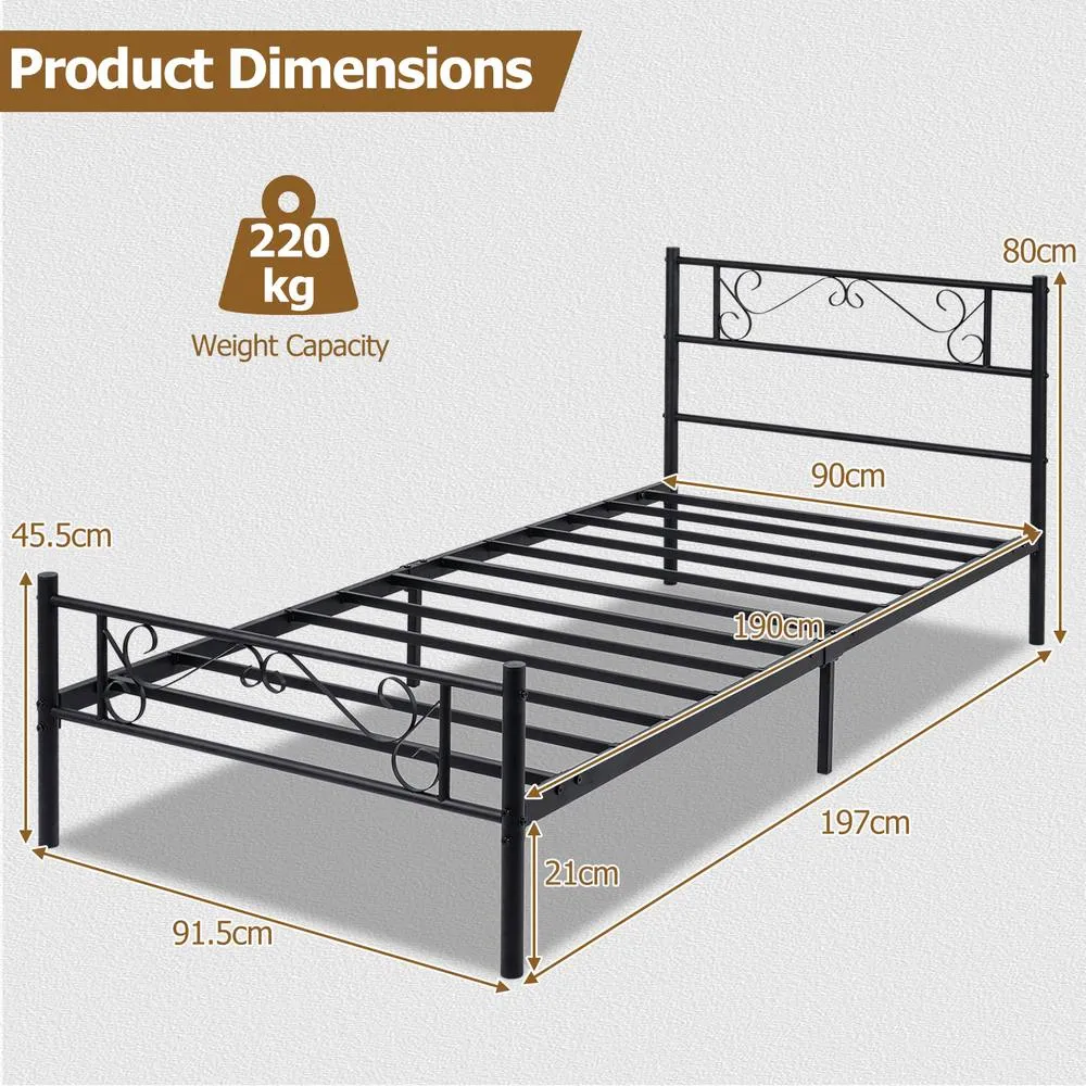 Costway Single Size Metal Bed Frame with Floral Headboard & Footboard in Black 2