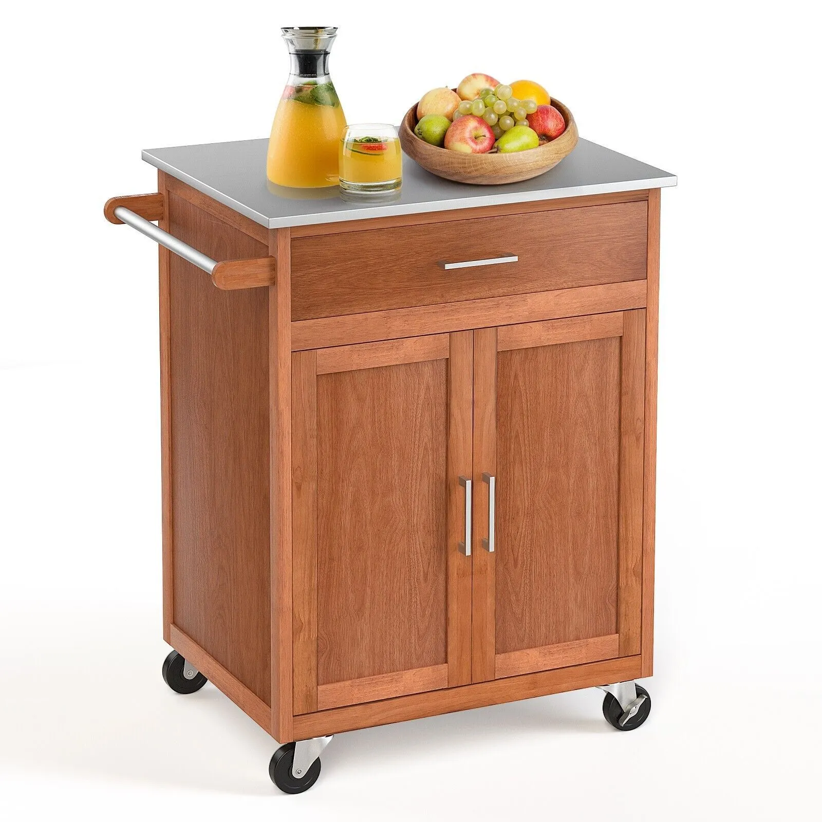 Costway Kitchen Island Rolling Storage Cabinet Trolley Cart Stainless Steel Countertop in Light Oak