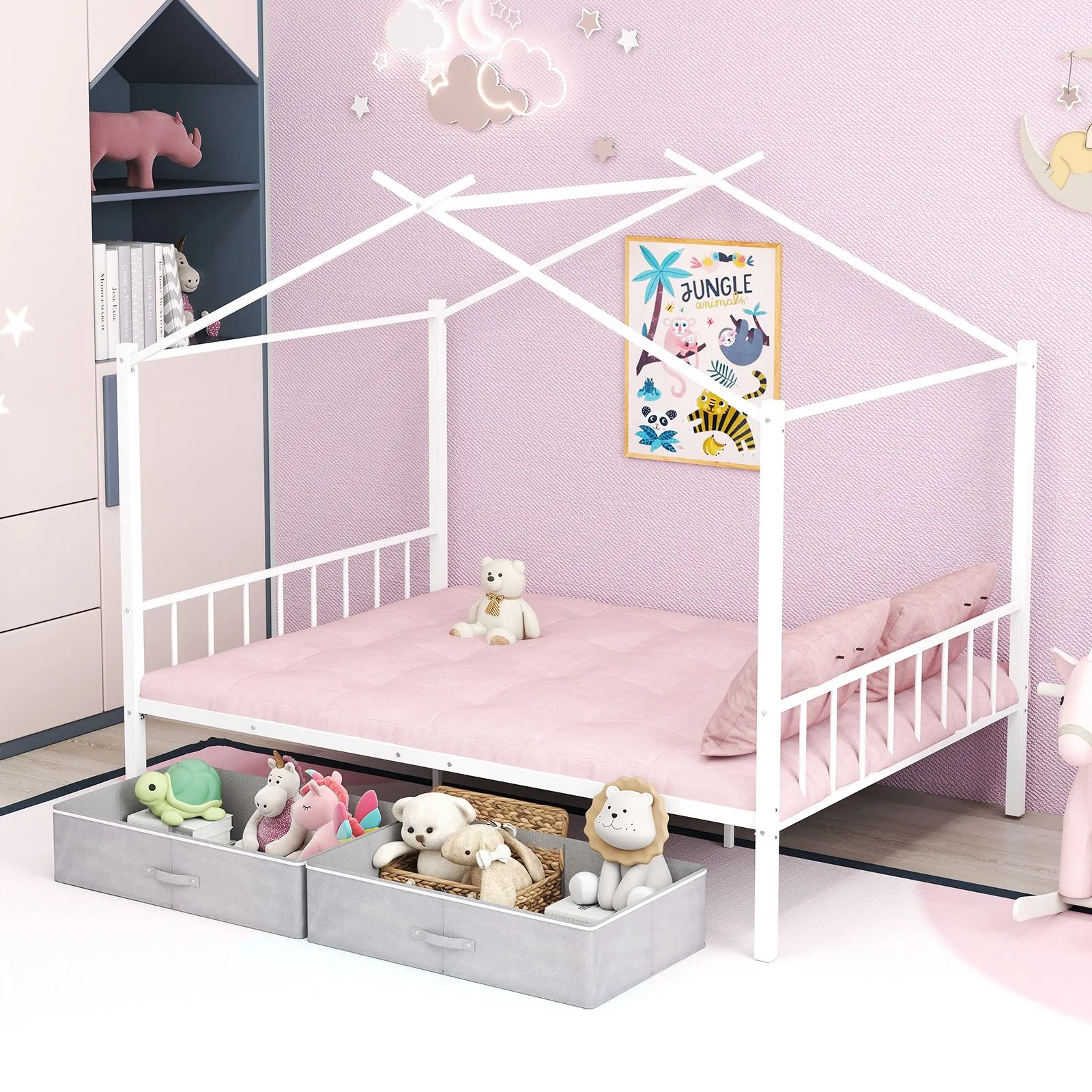 Costway Double Size House Bed Heavy-Duty Metal Platform Bed w/2 Drawers in White 5