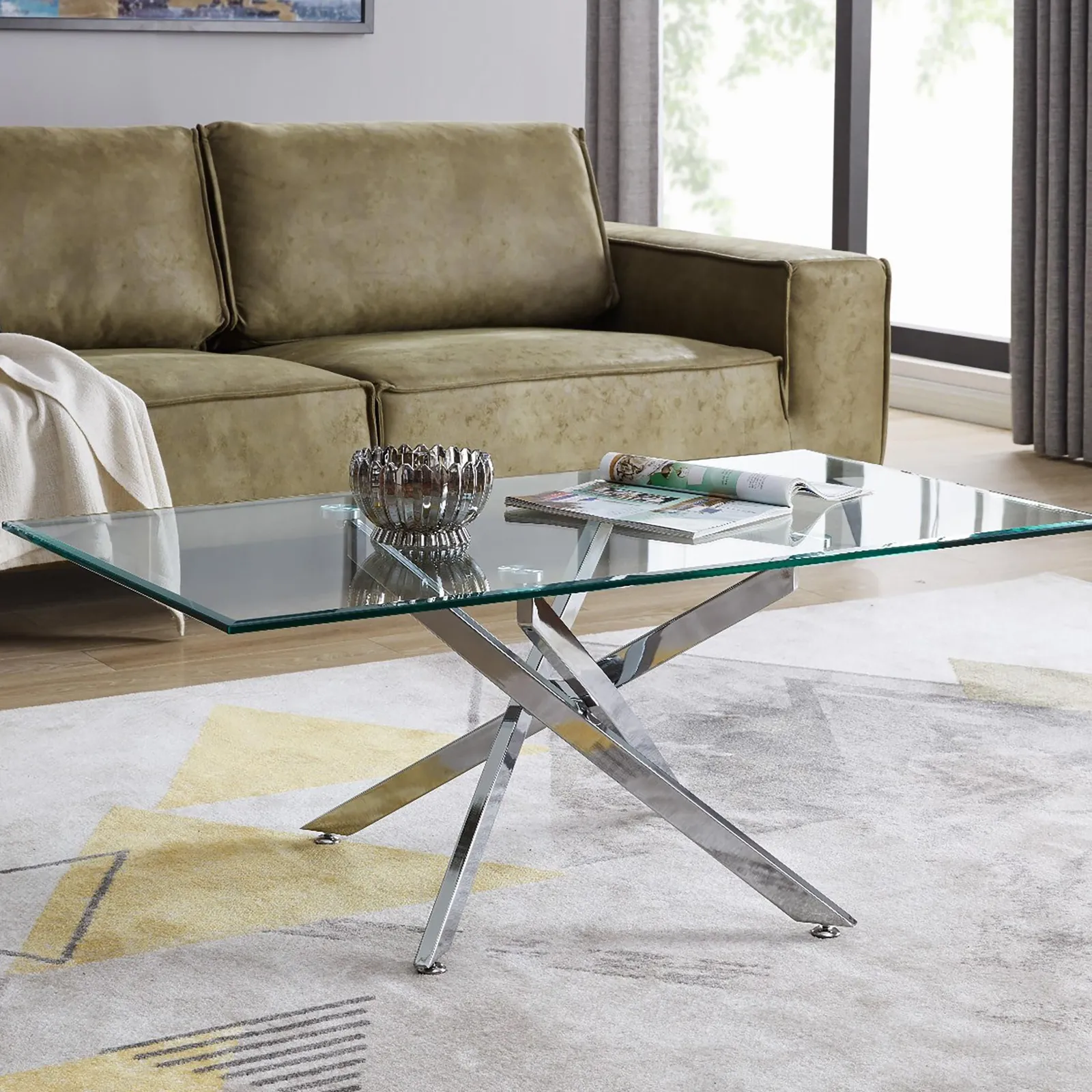 FurnitureboxUK Leonardo Rectangular Glass Coffee Table with Metal Angled Starburst Legs for Modern Living Rooms in Silver 1