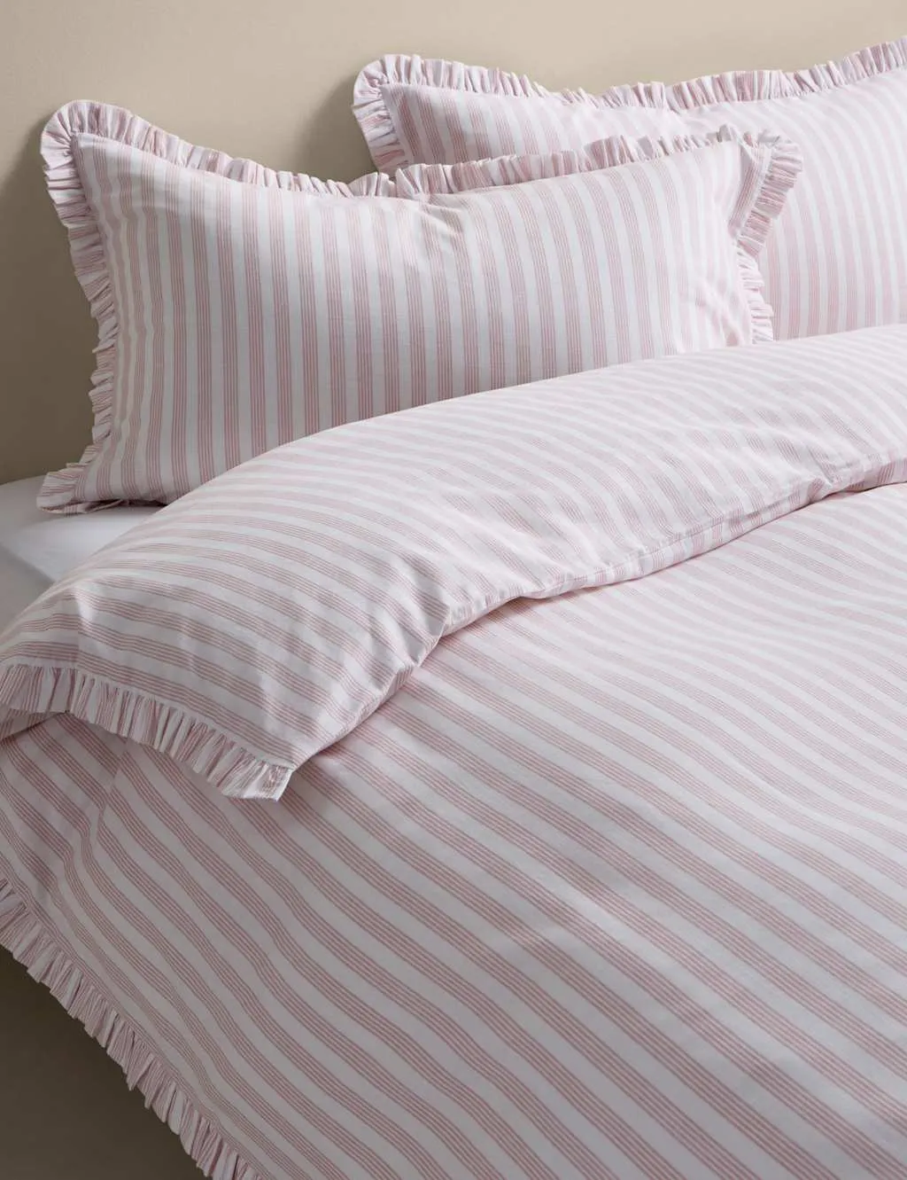 M&S Pure Cotton Narrow Stripe Ruffle Bedding Set Pink Mix