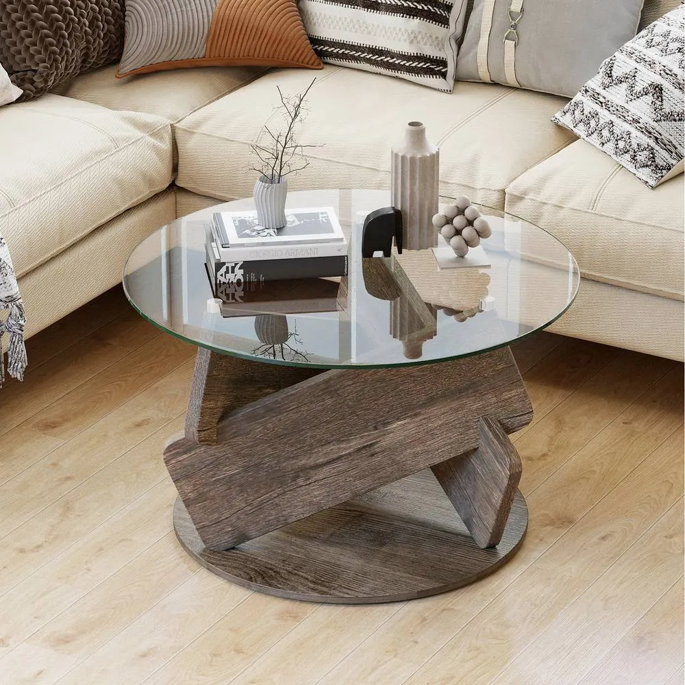 Costway Round Glass Coffee Table 81cm Modern Center Table-Grey in Dark Brown