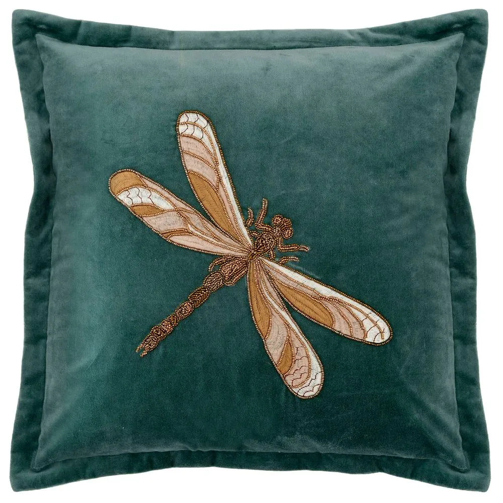 Voyage Maison Aria Velvet Embroidered Dragonfly Cushion in Teal 2