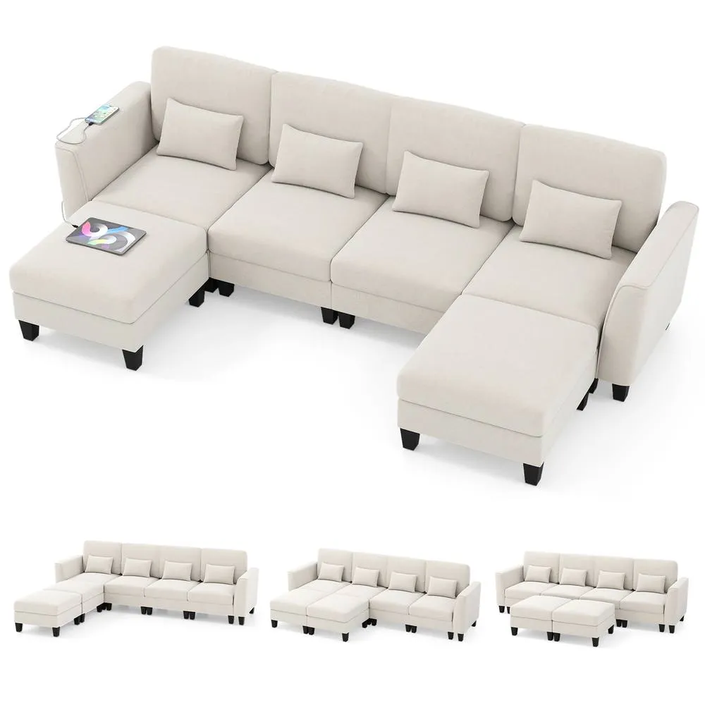 Costway Sectional Sofa with 2 Ottomans 4 Seat Sofa Set with Double Chaise in White 1