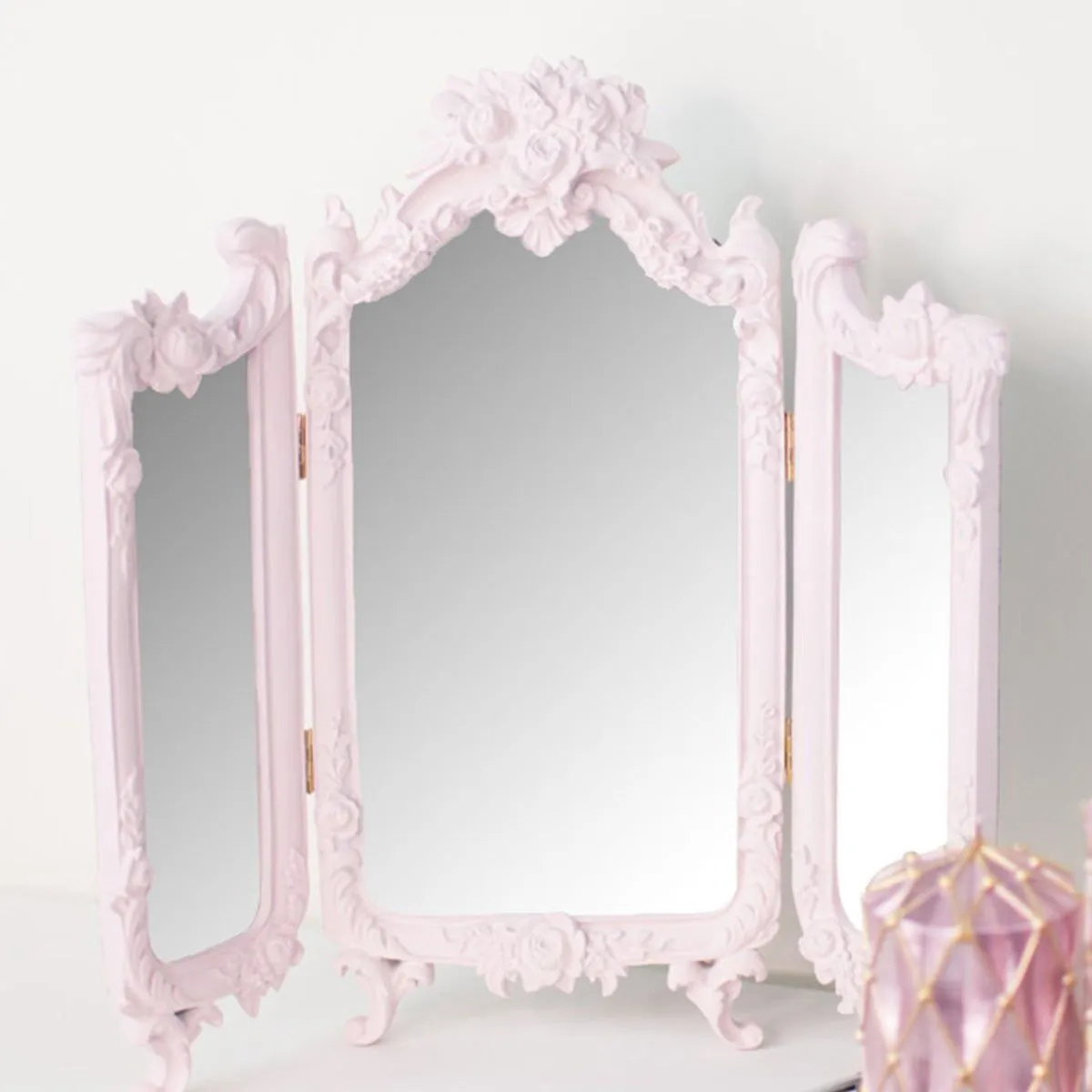 Melody Maison Small Pink Ornate Rose Triple Mirror - 37cm X 38cm in Pale Pink 6