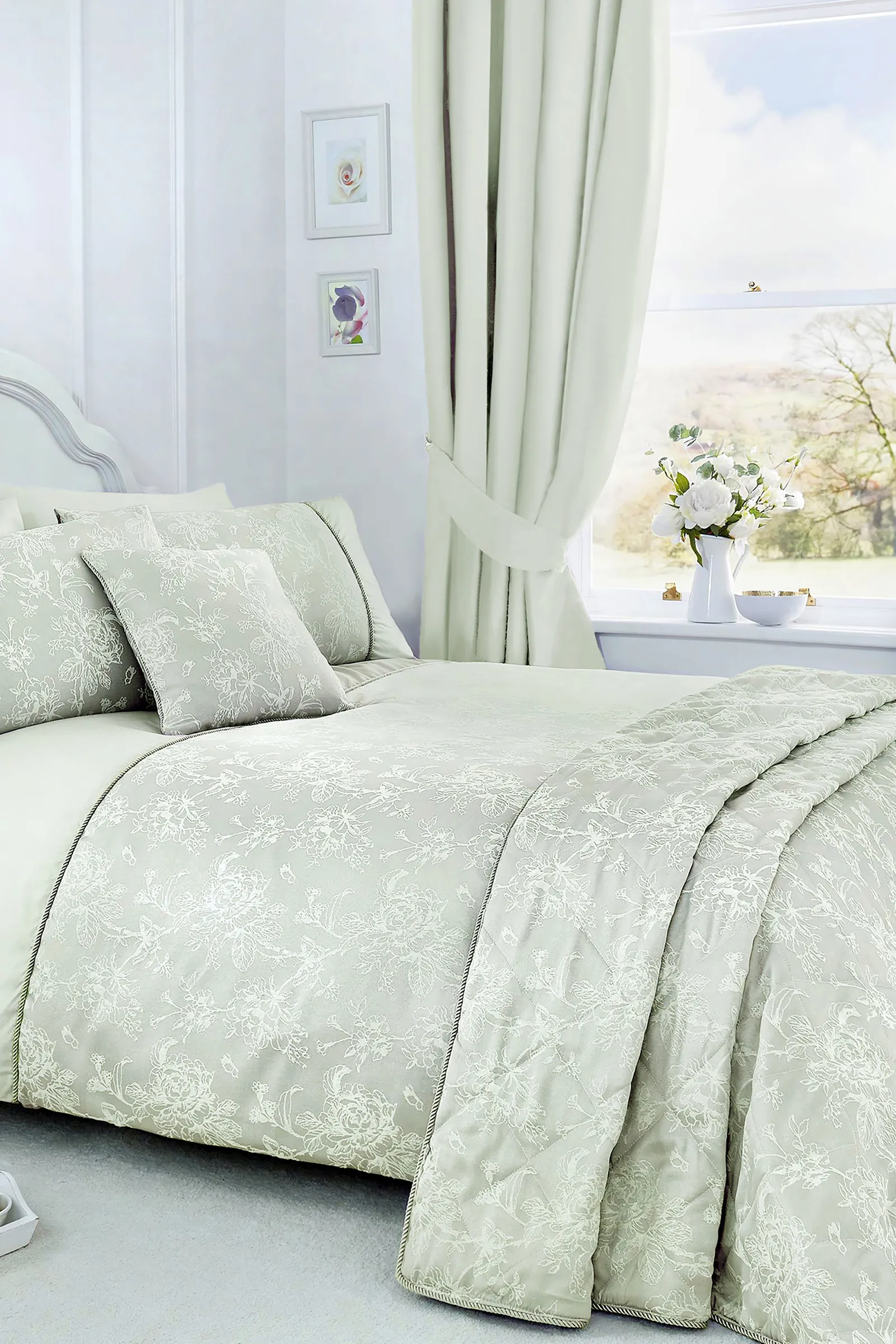 Dreams & Drapes 'Jasmine' Elegant Floral Jacquard Quilted Bedspread in Green 3