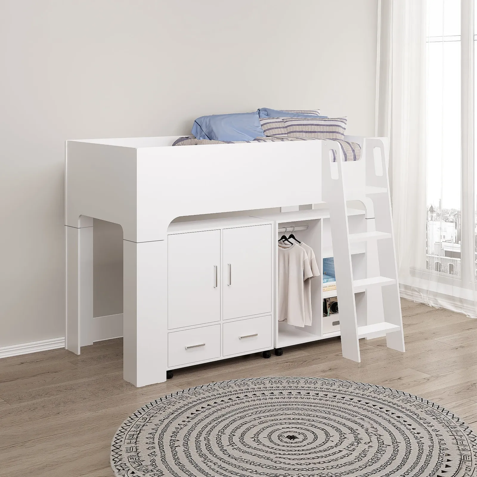 Eden - Single - Mid Sleeper with a Mini Wardrobe, Drawers and Cupboard - White - Wooden - 3ft - Happy Beds 1