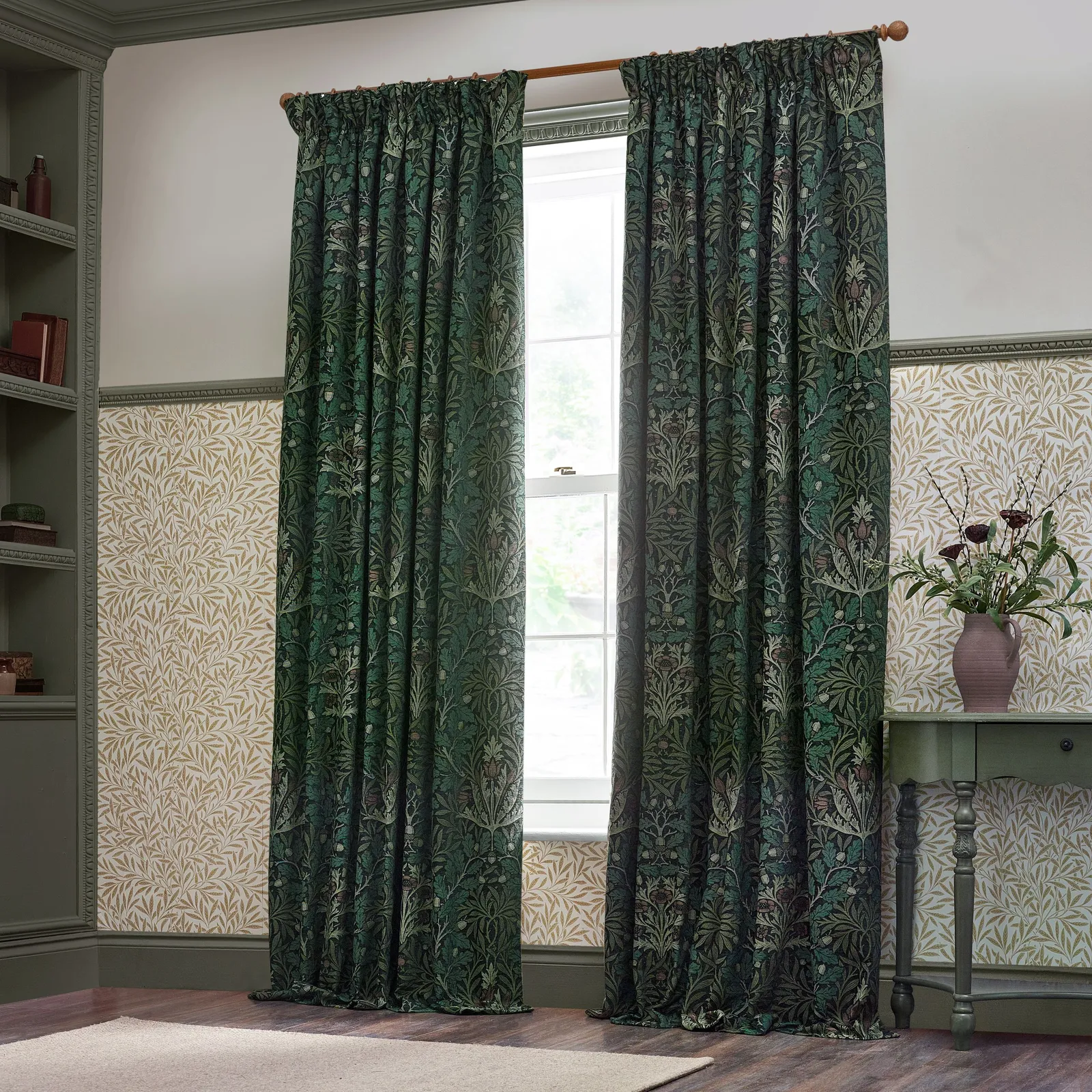 Morris & Co Acorn Multi Floral Jacquard Room Darkening Pencil Pleat Curtains in Green 6