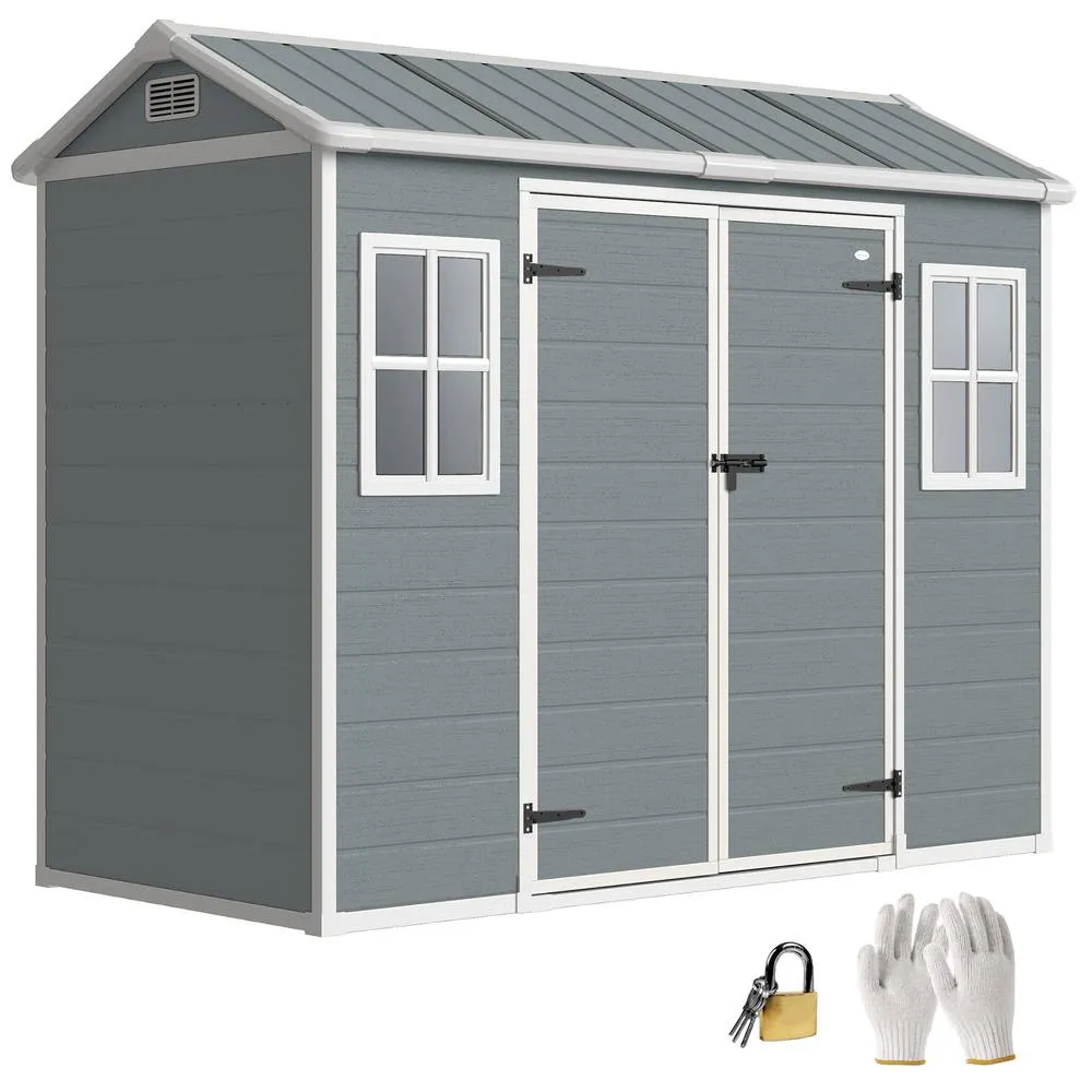 OUTSUNNY 8 x 4 ft Resin Garden Shed with Floor, Lockable Doors in Light Grey
