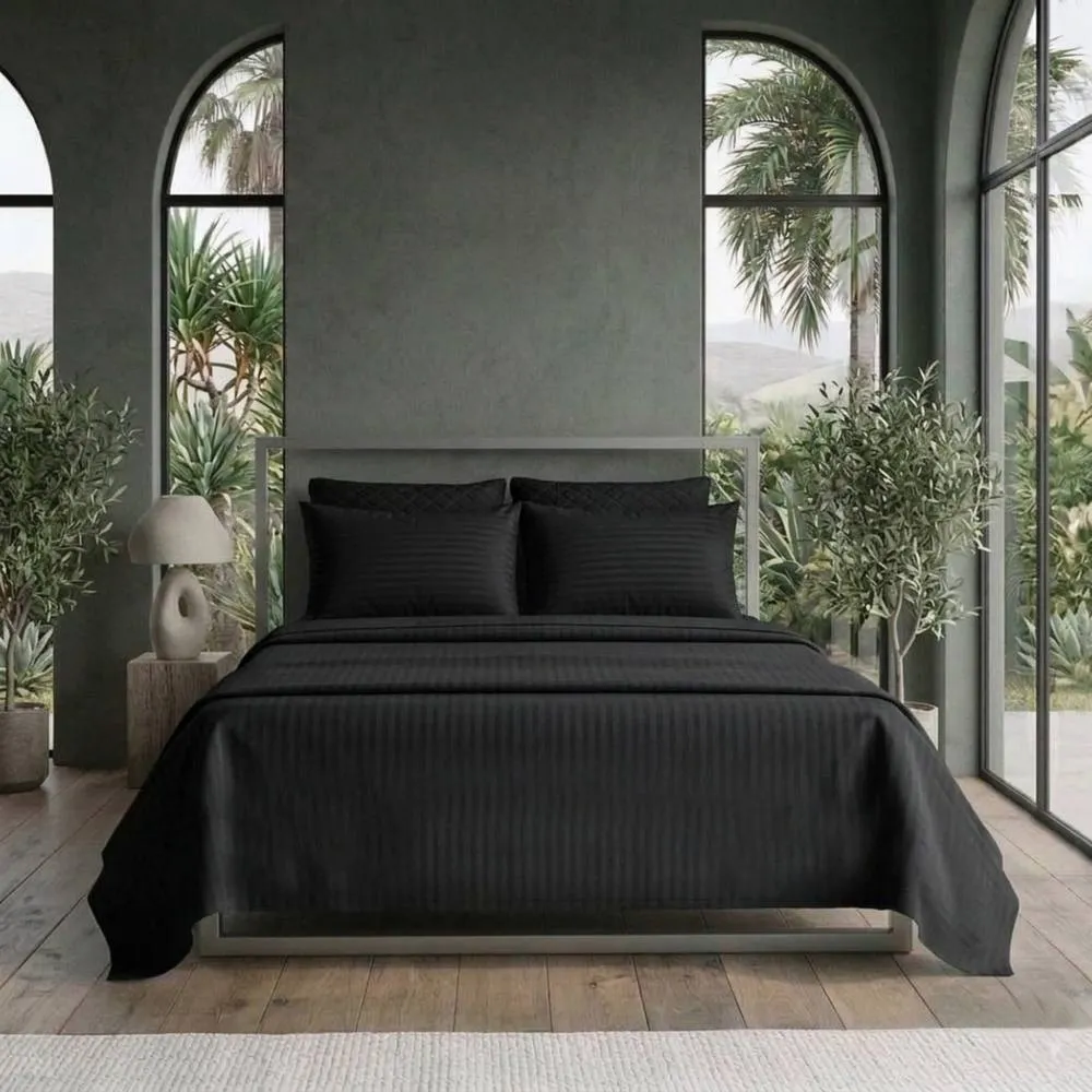 Snug City Luxury Satin Stripe T250 Cotton Rich Soft Flat Sheet Bed Linen in Black