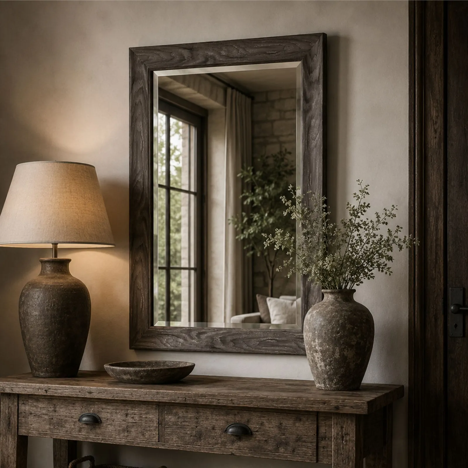 Yearn Mirrors Rustic Grey Wood Effect Scooped Framed Mirror 101.5x73.5cm in Pale Green 4