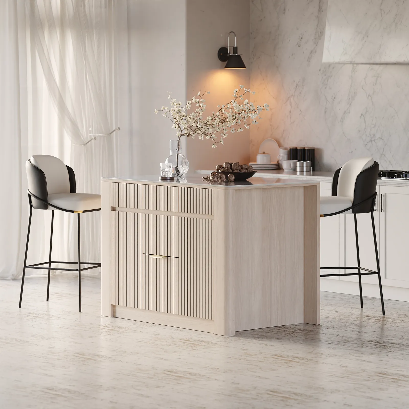 1290mm Kitchen Island Sintered Stone Top with Storage Natural Modern
