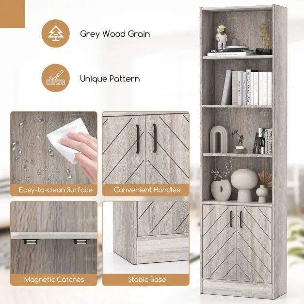 Costway 6-Tier Bookshelf 180cm Tall Bookcase w/4 Open Cubes & Double Doors Grey 4