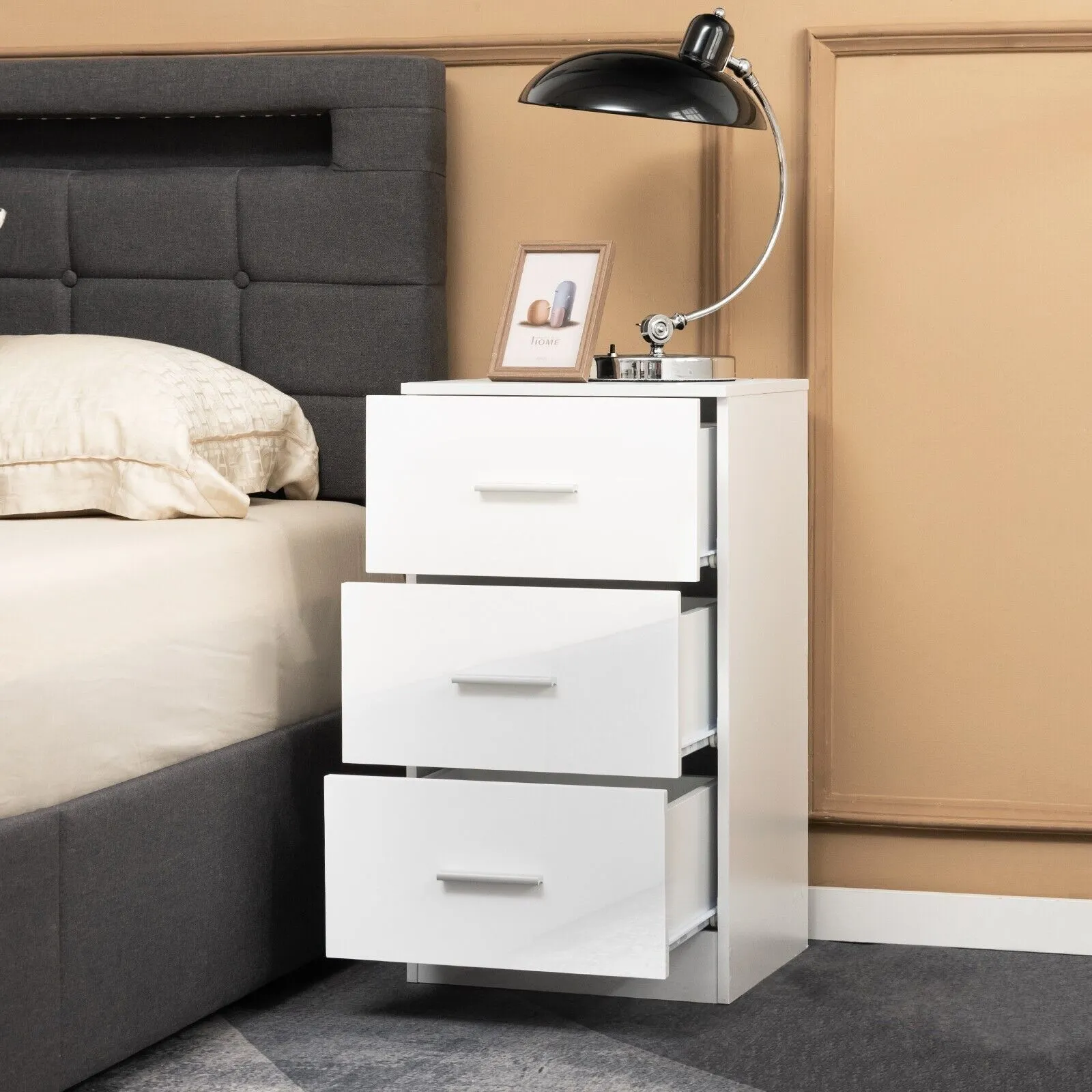 Costway 3Drawer Chest Storage Cabinet Dresser Freestanding Night Stand Organizer in White 4