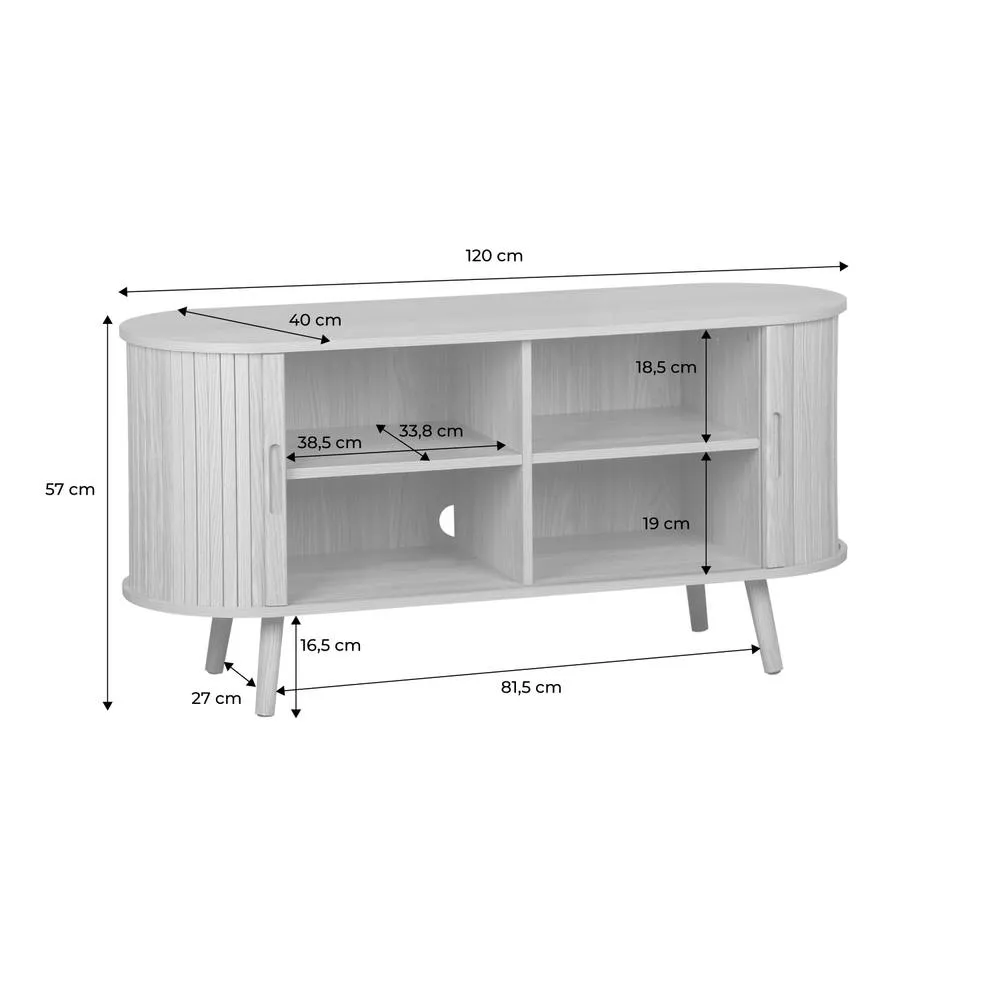 sweeek 120cm Scandi-style Tv Unit With Grooved Wooden Effect & 2 Sliding Do in Light Brown 5