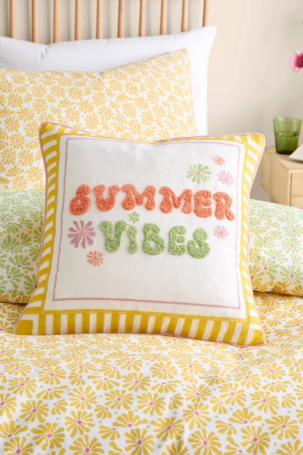 Fusion 'Summer Vibes' Slogan Embroidered Filled Cushion