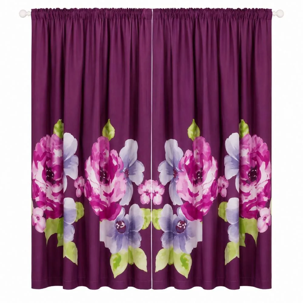 Smart Living Grace Floral Curtains Pair with Tie Backs - Large Flower Print in Aubergine 3