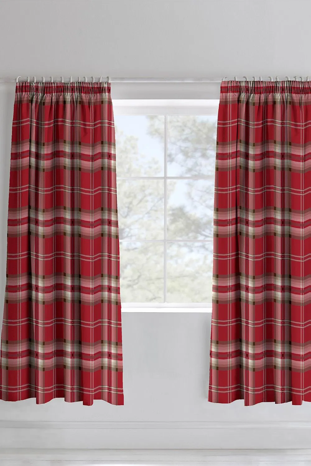 Catherine Lansfield 'Kelso Check' Pencil Pleat Lined Curtains in Red
